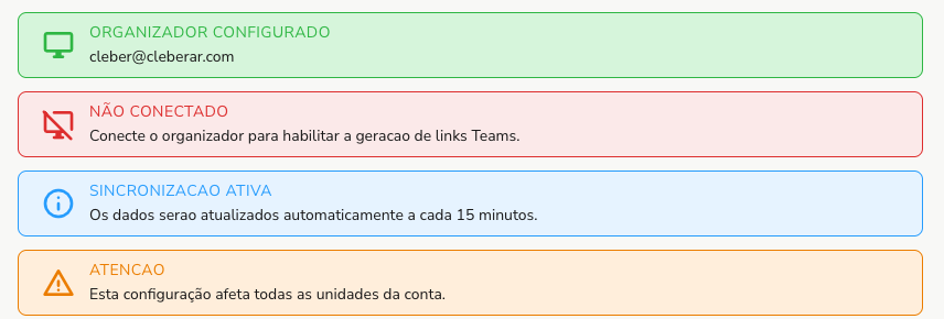 Quatro avisos: sucesso, erro, informação e atenção, cada um com cor e ícone próprios.