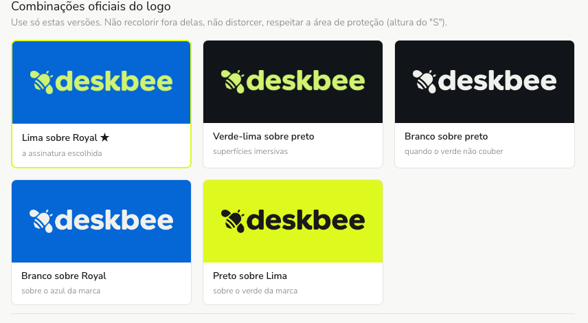 Documentação da marca com as combinações de logo oficiais e a regra de uso.