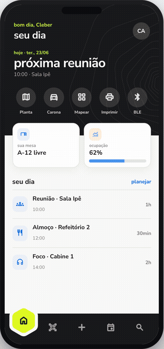 Navegação do App Mobile: seu dia, reservar, planta, planejar e minhas reservas