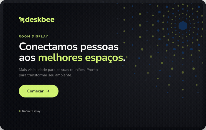 Interação do Room Display: boas-vindas, diagnóstico, sala livre, reservada e liberação automática